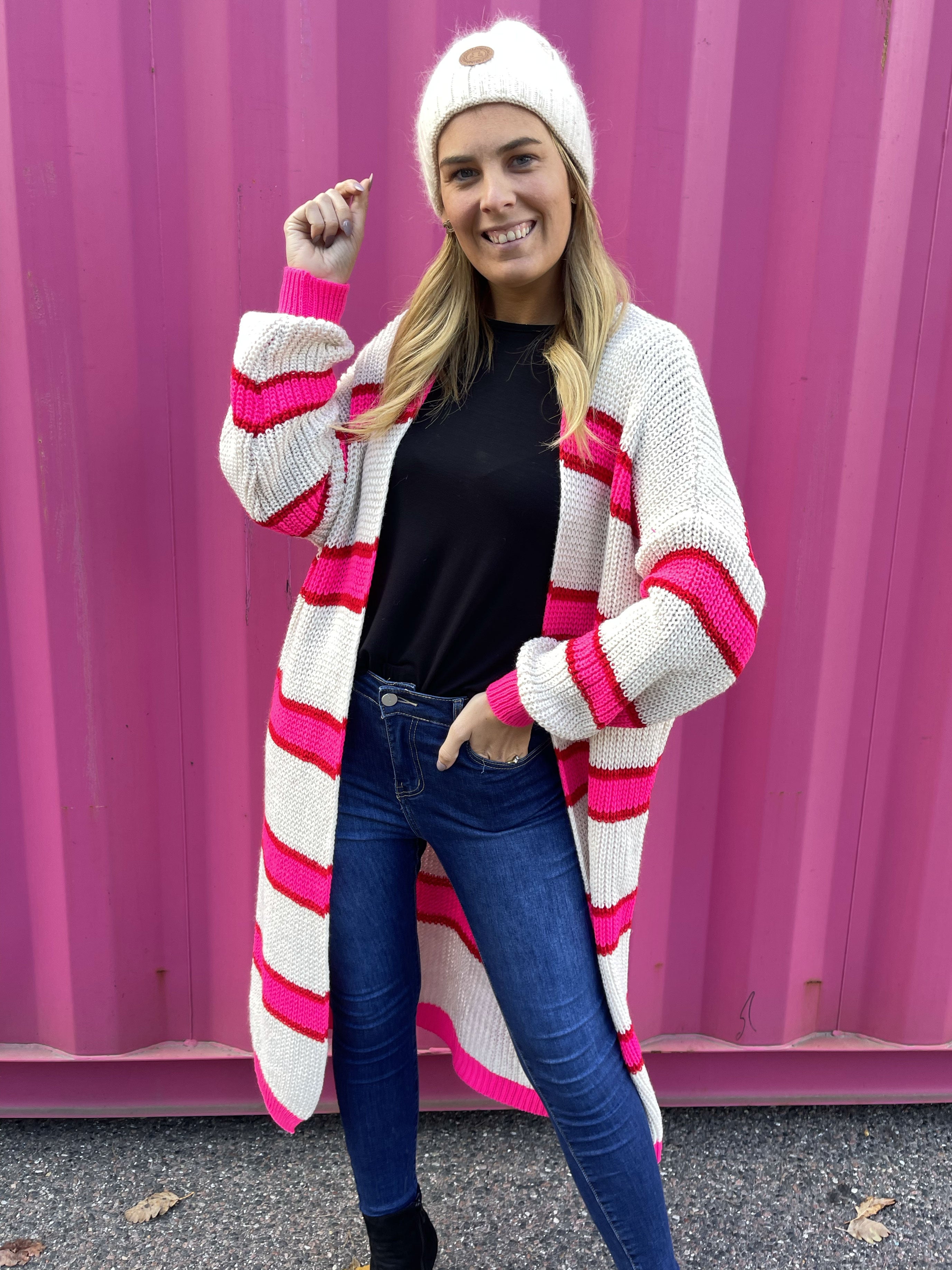 Belle - Lång stickad cardigan med färgade ränder